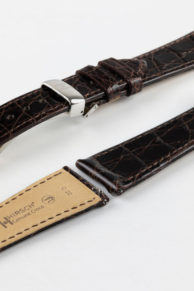 Hirsch GENUINE CROCO Shiny Crocodile Leather Watch Strap in BROWN