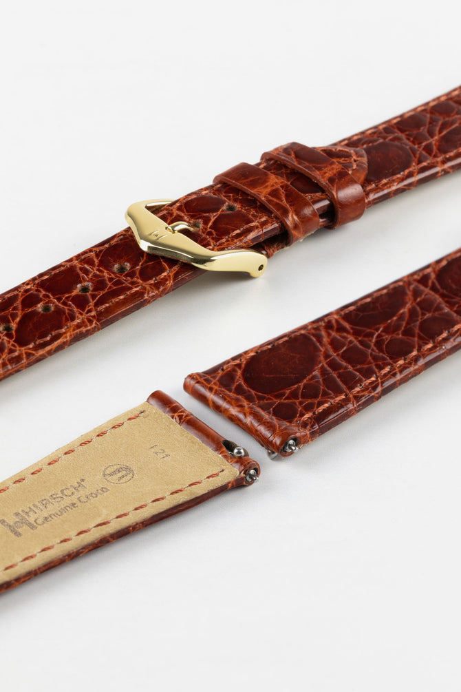 Hirsch GENUINE CROCO Shiny Crocodile Leather Watch Strap in GOLD BROWN