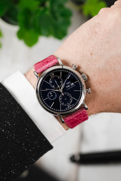 IWC Portofino Chronograph fitted with Hirsch Genuine Crocodile pink leather watch strap worn on wrist