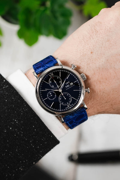 IWC Portofino Chronograph fitted with Hirsch Genuine Crocodile royal blue leather watch strap worn on wrist