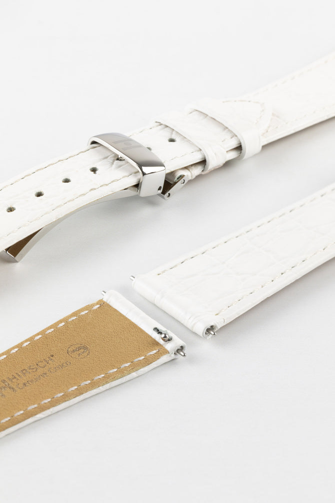 Hirsch GENUINE CROCO Shiny Crocodile Leather Watch Strap in WHITE