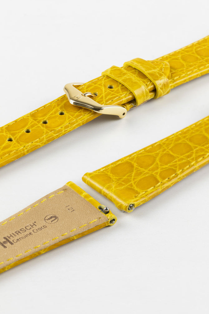 Hirsch GENUINE CROCO Shiny Crocodile Leather Watch Strap in YELLOW