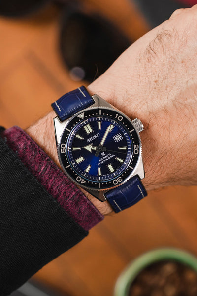 Seiko Prospex SBDC055 fitted with George Brown Blue Alligator watch strap