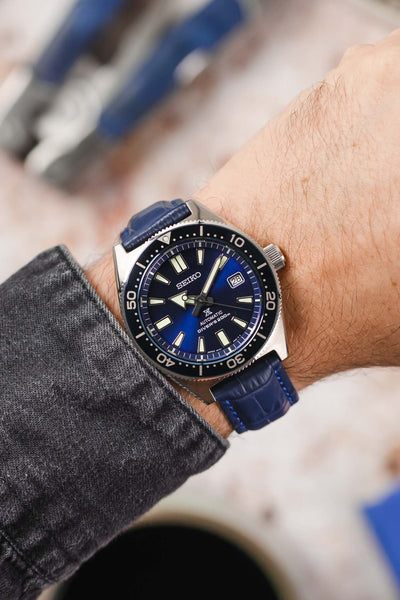 Seiko Prospex SBDC055 fitted with Hirsch Grand Duke Blue Alligator Watch Strap worn on wrist