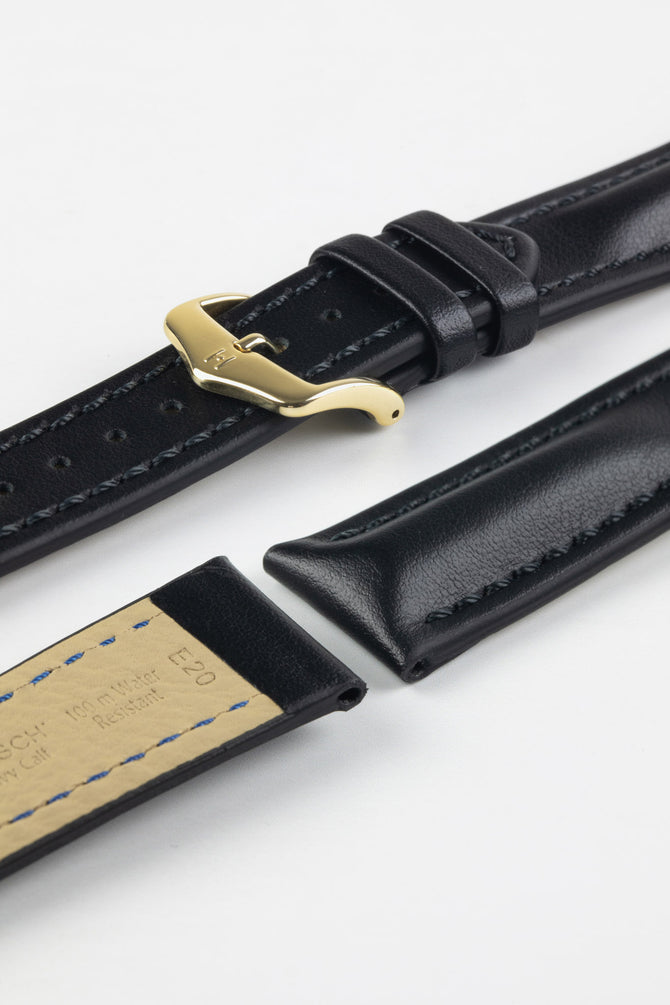 Hirsch HEAVY CALF Water-Resistant Calf Leather Watch Strap in BLACK/BLACK