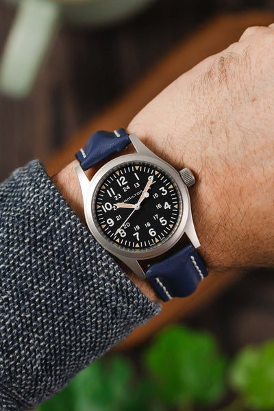 Hamilton Khaki Field watch fitted with Hirsch Calfskin leather Blue Watch Strap worn on wrist