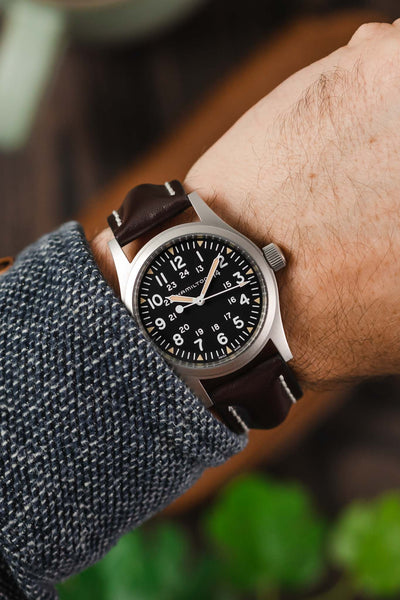 Hamilton Khaki Field watch fitted with Hirsch Calfskin leather Brown Watch Strap worn on wrist