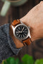 Hamilton Khaki Field watch fitted with Hirsch Calfskin leather Gold Brown Watch Strap worn on wrist