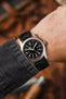 Hamilton Khaki field watch fitted with Hirsch James black leather watch strap worn on wrist