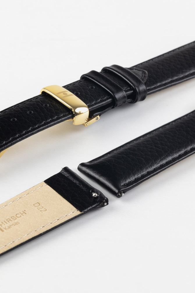 Hirsch KANSAS Buffalo-Embossed Calf Leather Watch Strap in BLACK with Black Stitch