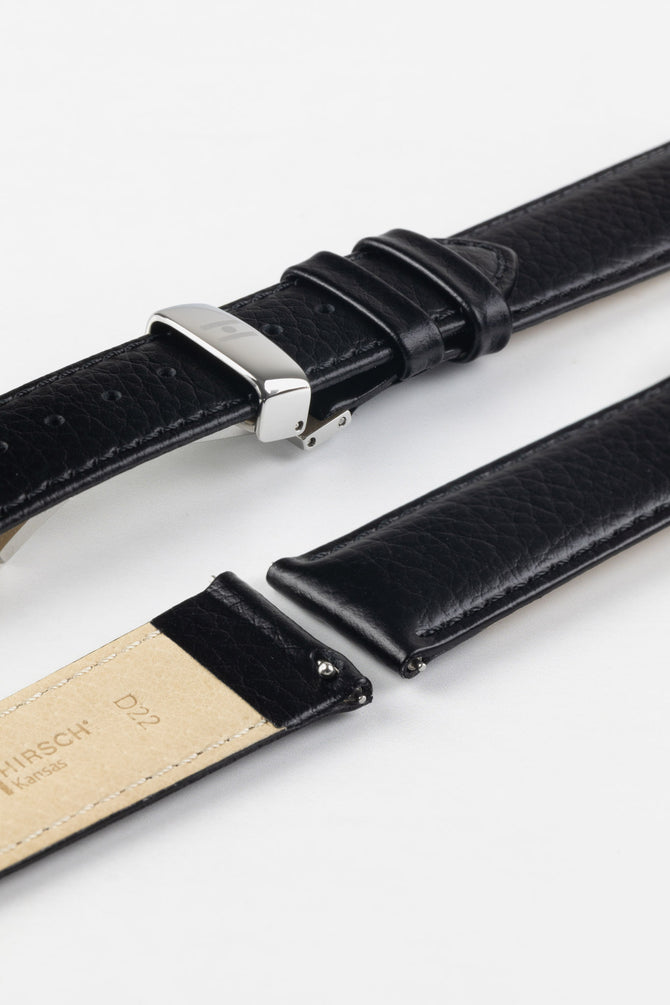Hirsch KANSAS Buffalo-Embossed Calf Leather Watch Strap in BLACK with Black Stitch