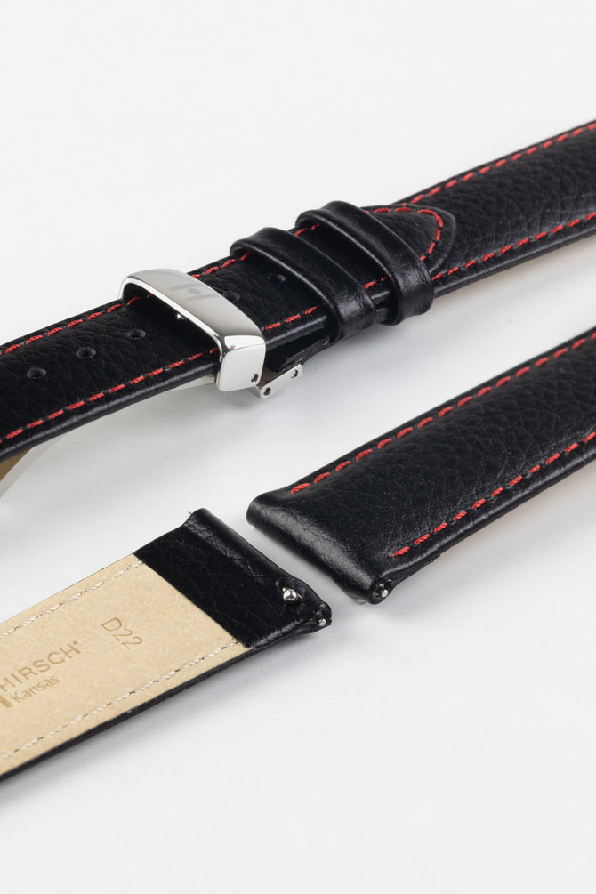 Hirsch KANSAS Black Buffalo-Embossed Calf Leather Watch Strap in with Red Stitch