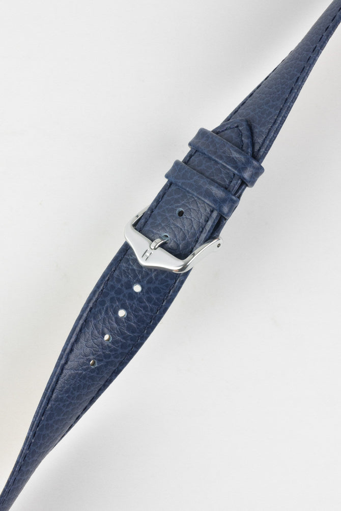 Hirsch KANSAS Buffalo-Embossed Calf Blue Leather Watch Strap with Blue Stitch