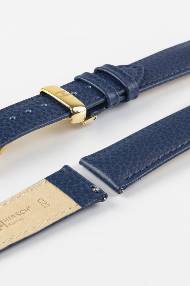 Hirsch KANSAS Buffalo-Embossed Calf Blue Leather Watch Strap with Blue Stitch