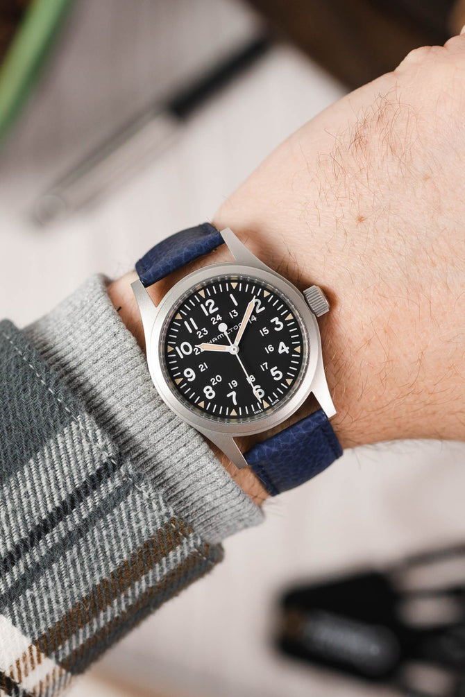 Hamilton Khaki Field watch fitted with Hirsch Kansas blue Leather watch strap worn on wrist
