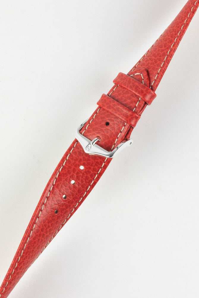 Hirsch KANSAS Red Buffalo-Embossed Calf Leather Watch Strap with White Stitch