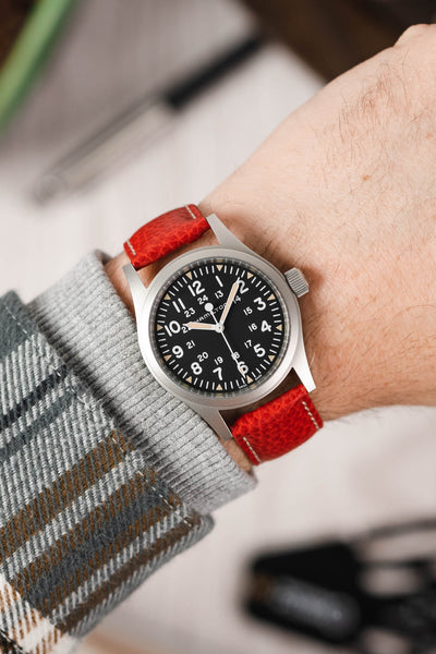 Hamilton Khaki Field watch fitted with Hirsch Kansas red with white stitch Leather watch strap worn on wrist