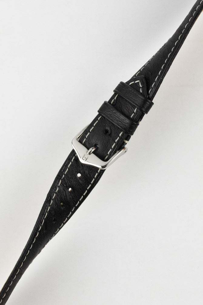 Hirsch MASSAI OSTRICH Leather Watch Strap in BLACK with WHITE Stitching