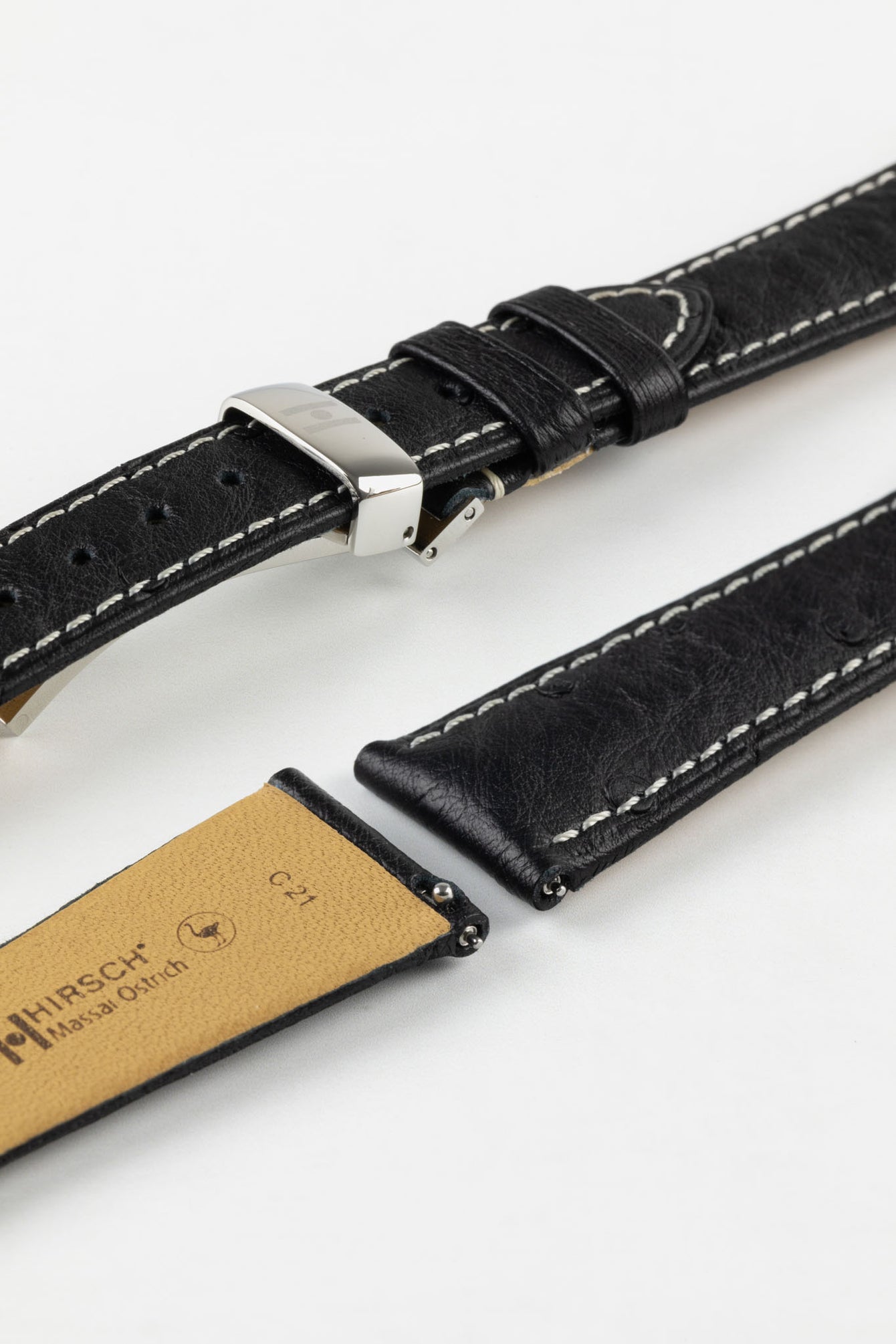 Hirsch MASSAI OSTRICH Leather Watch Strap in BLACK with WHITE Stitching