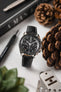 Hirsch MASSAI OSTRICH Leather Watch Strap in BLACK with WHITE Stitching