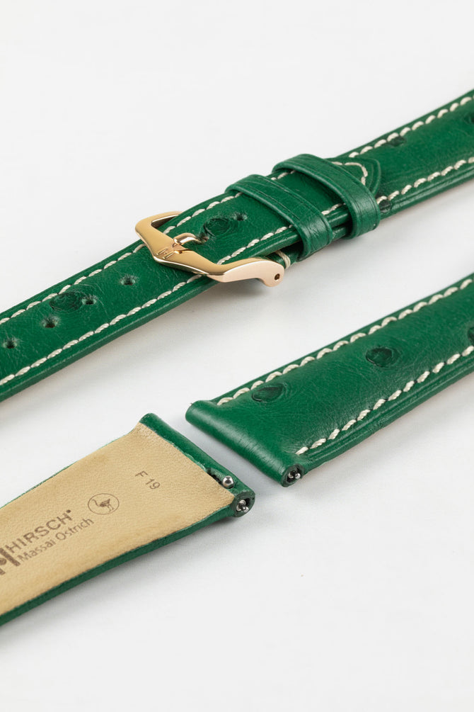 Hirsch MASSAI OSTRICH Leather Watch Strap in GREEN With WHITE Stitching