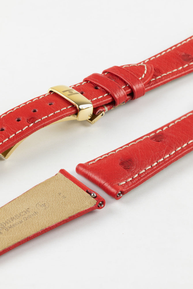 Hirsch MASSAI OSTRICH Leather Watch Strap in RED With WHITE Stitching