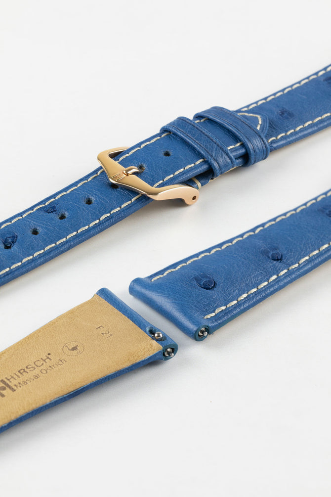 Hirsch MASSAI OSTRICH Leather Watch Strap in ROYAL BLUE With WHITE Stitching