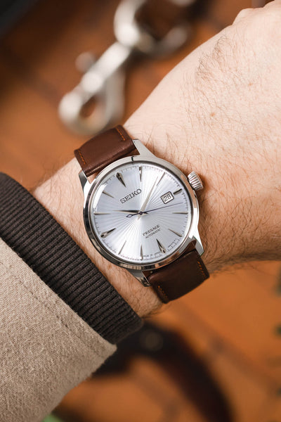Seiko Presage Cocktail Time fitted with Hirsch Merino Gold Brown leather watch strap worn on wrist
