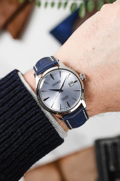 Seiko Presage Cocktail Time fitted with Hirsch Modena Blue leather watch strap worn on wrist 