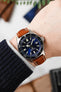 Seiko Prospex Blue Sea fitted with Hirsch Modena honey leather watch strap worn on wrist