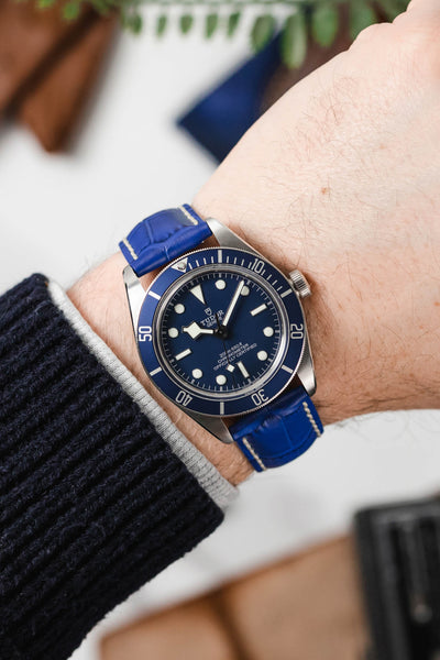 Tudor Black Bay 58 Blue fitted with Hirsch Modena Alligator Royal Blue Leather watch strap worn on wrist