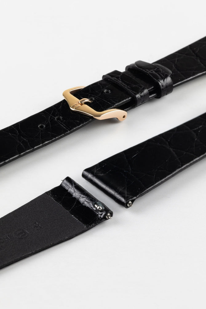 Hirsch PRESTIGE Shiny Genuine Crocodile Leather Watch Strap in BLACK