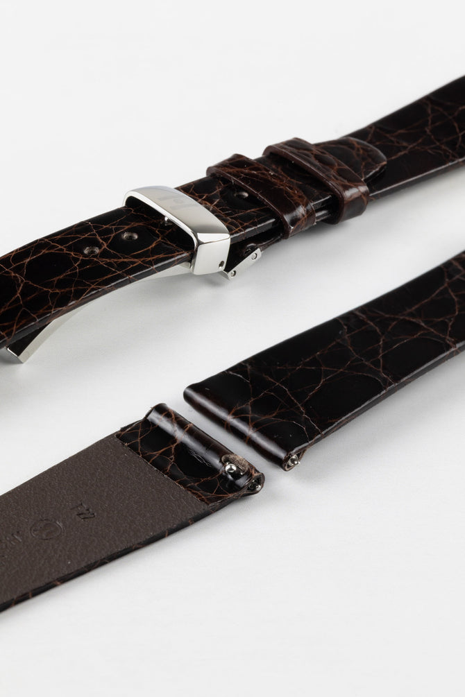 Hirsch PRESTIGE Shiny Genuine Crocodile Watch Strap in BROWN
