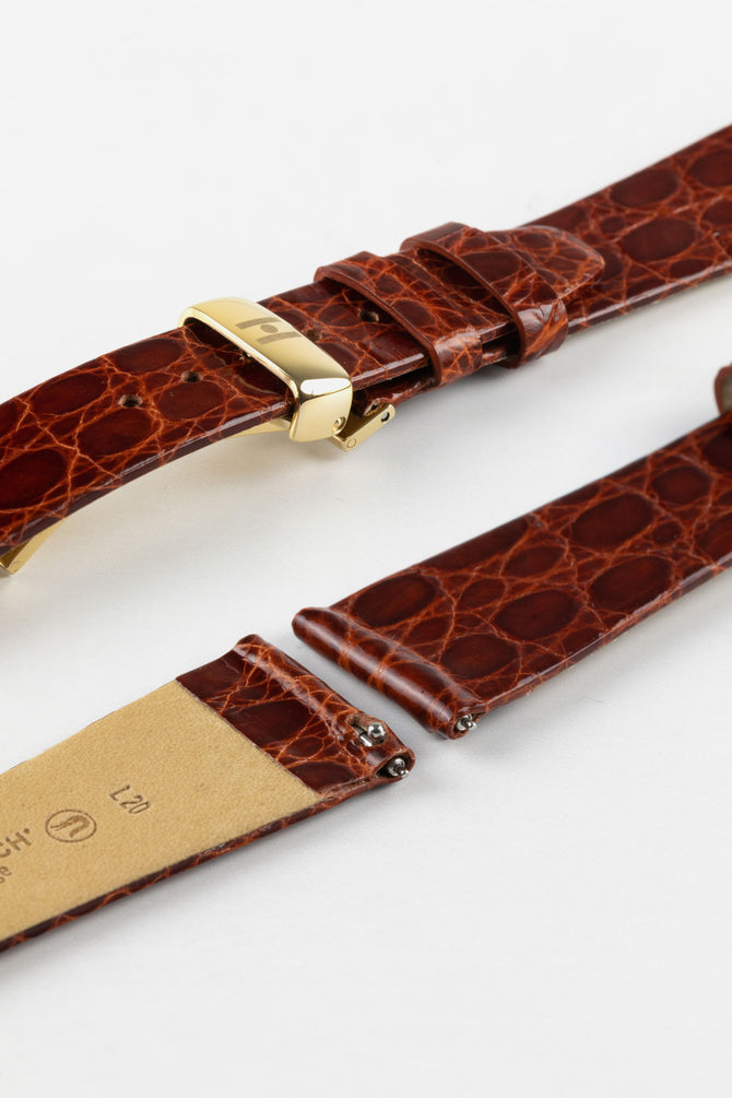 Hirsch PRESTIGE Gold Brown Shiny Genuine Crocodile Leather Watch Strap