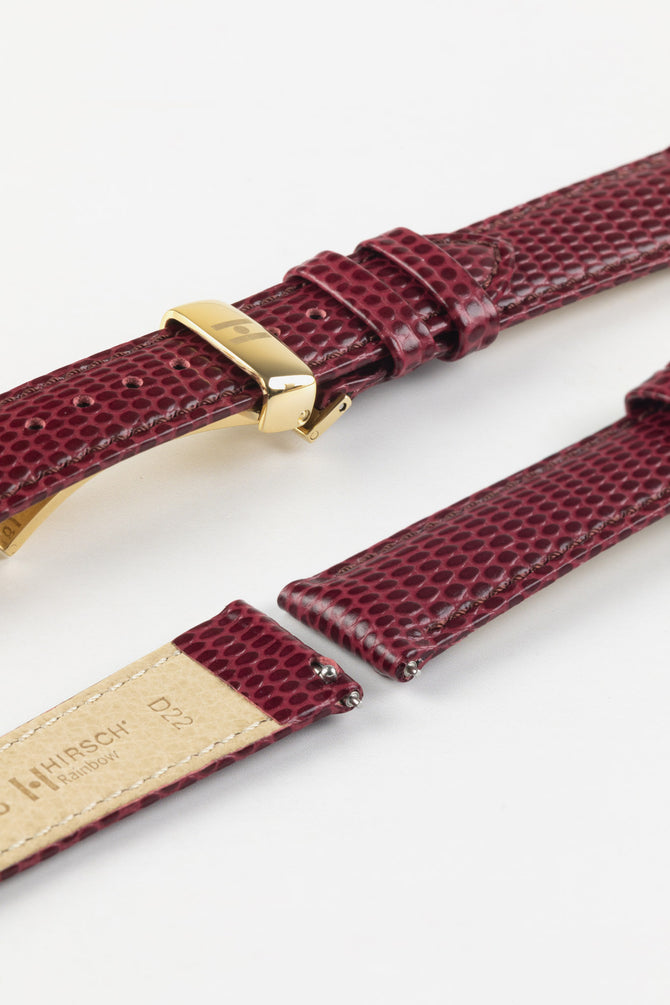 Hirsch RAINBOW Lizard Embossed Leather Watch Strap in Burgundy