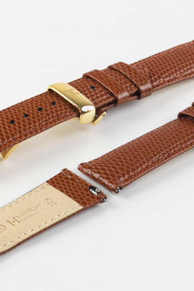 Hirsch RAINBOW Lizard Gold Brown Embossed Leather Watch Strap