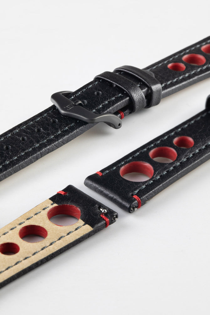 Hirsch Rally Strap Natural Leather Racing Watch Strap in BLACK / RED