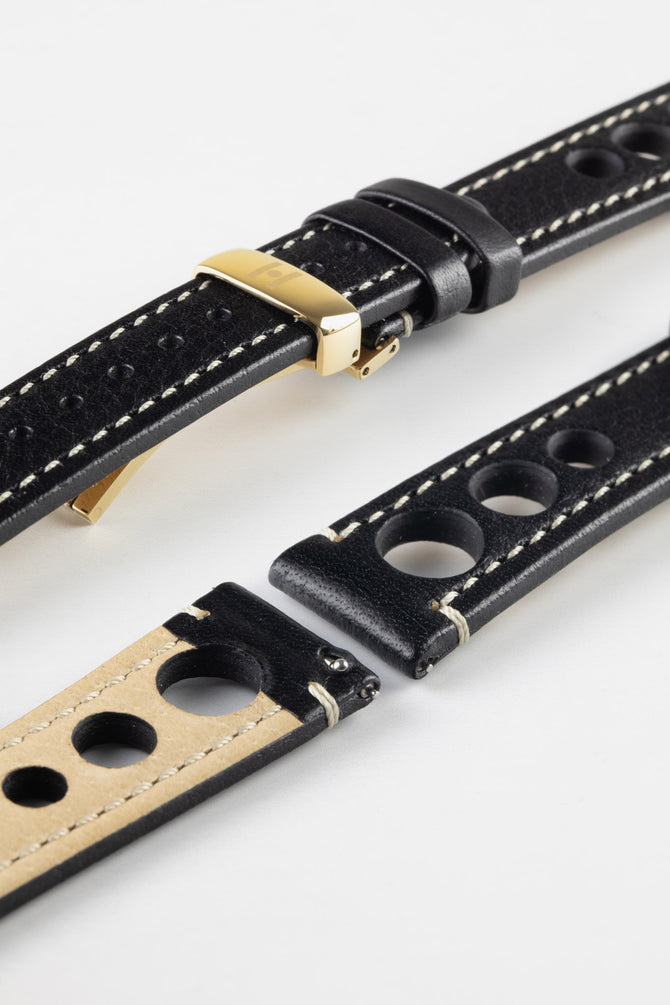 Hirsch RALLY Natural Leather Racing Watch Strap in BLACK / WHITE