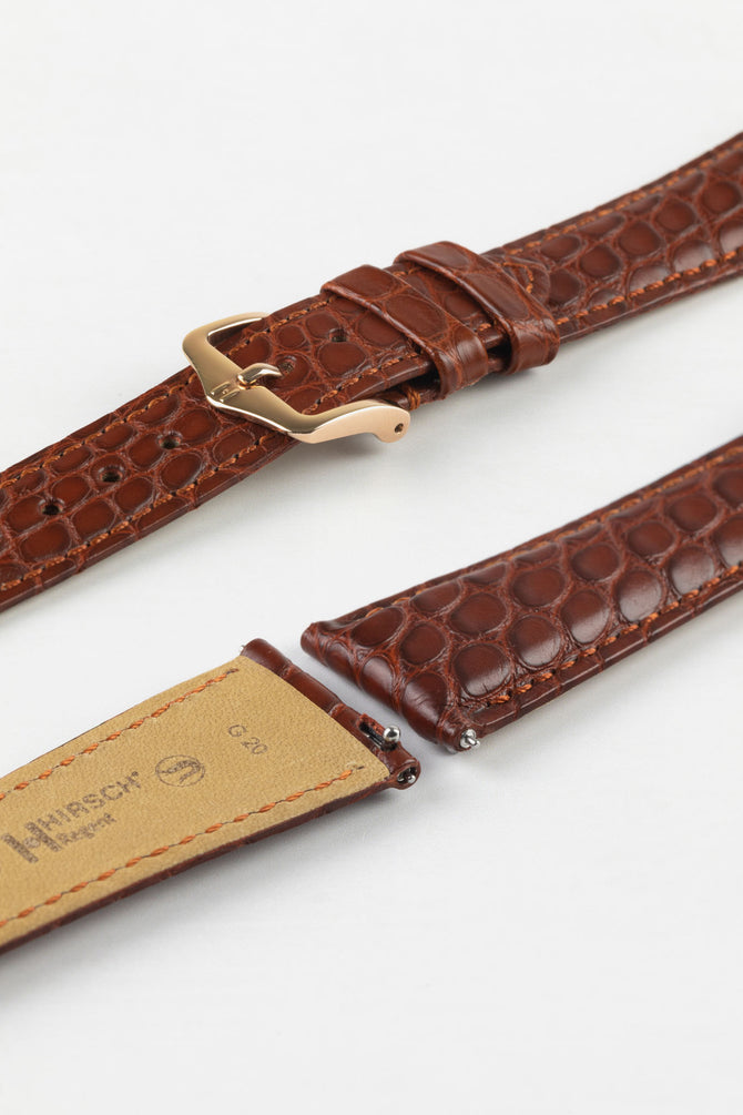 Hirsch REGENT Genuine Alligator Gold Brown Leather Watch Strap