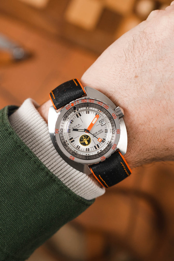 Hirsch ROBBY Orange / Black Sailcloth Effect Performance Watch Strap