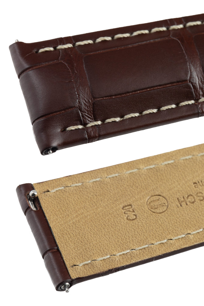 Hirsch TRITONE Brown Padded Alligator Leather Watch Strap with WHITE Stitching