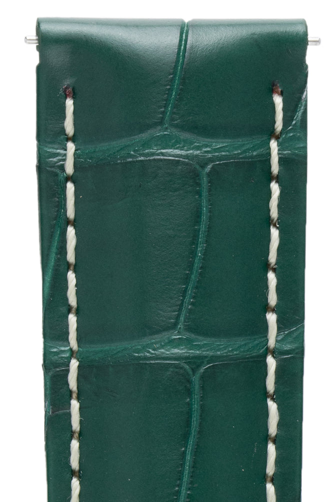 Hirsch TRITONE Padded Alligator Dark Green Leather Watch Strap with WHITE Stitching