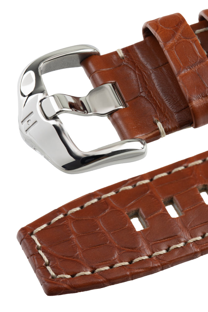 Hirsch TRITONE Padded Alligator Leather Watch Strap in GOLD BROWN with WHITE Stitching