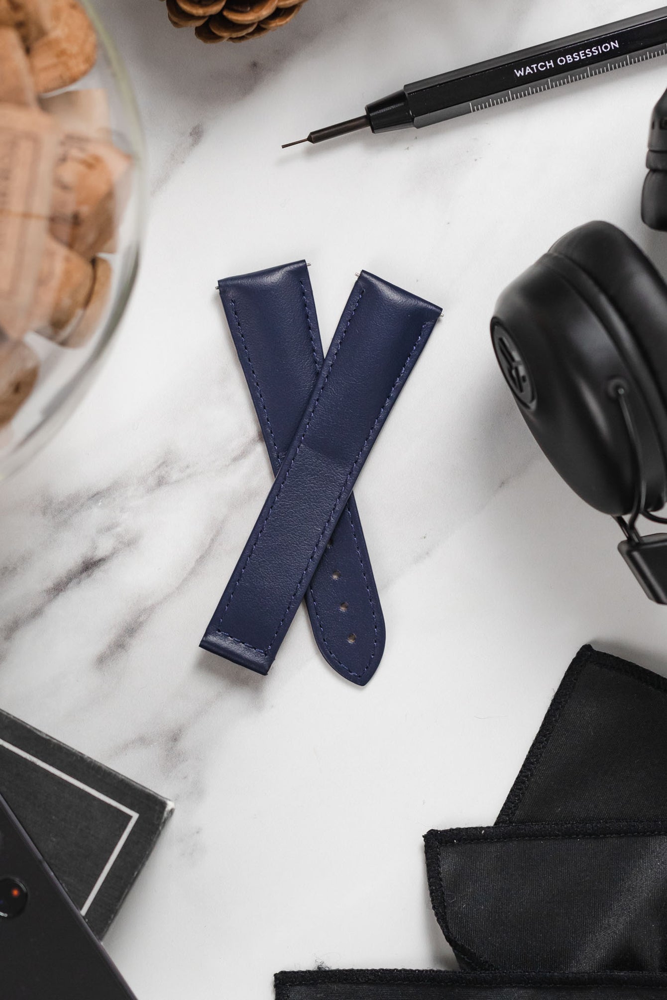 Hirsch VOYAGER Calfskin Deployment Watch Strap in BLUE/BLUE