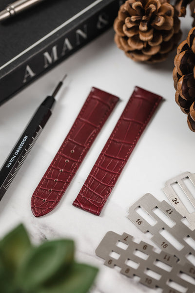 Hirsch VOYAGER Alligator Deployment Watch Strap in BURGUNDY