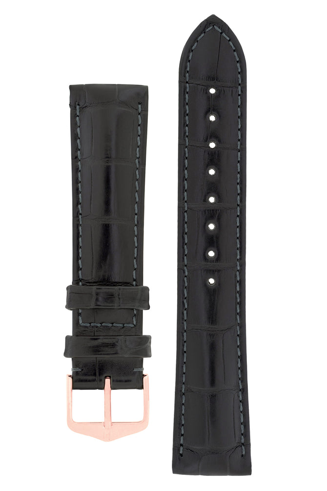 Hirsch Earl Genuine Alligator-Skin Watch Strap in Black (with Polished Rose Gold Steel H-Tradition Buckle)
