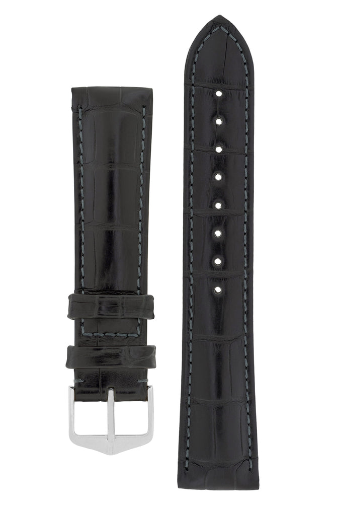 Hirsch Earl Genuine Alligator-Skin Watch Strap in Black (with Polished Silver Steel H-Tradition Buckle)