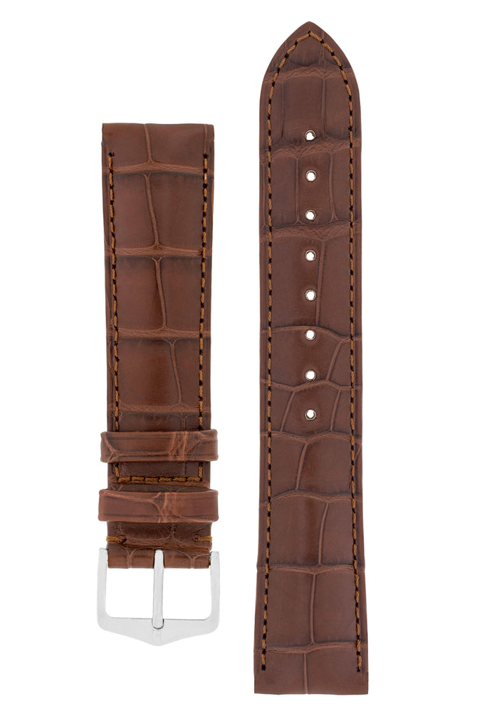 Hirsch Earl Genuine Alligator-Skin Watch Strap in Brown (with Polished Silver Steel H-Tradition Buckle)