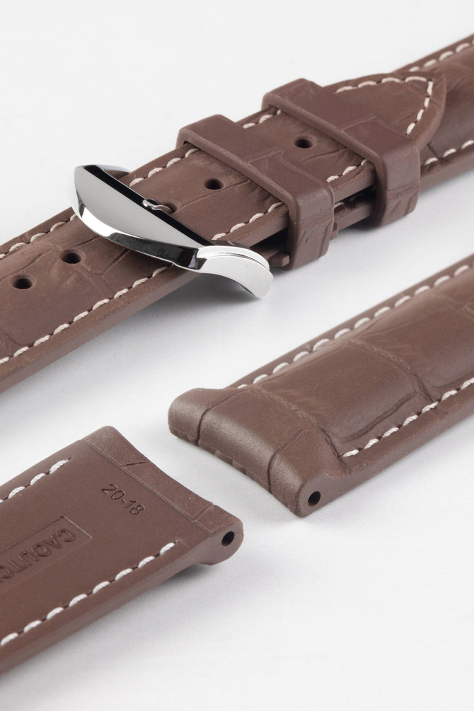 ISOSWISS SKINSKAN Alligator-Embossed Rubber Watch Strap in BROWN with White Stitch