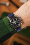 blue suede leather watch strap (on wrist)